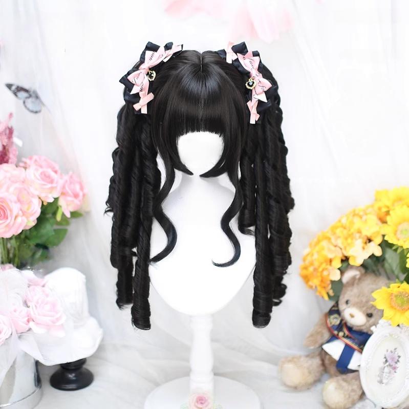 Dalao Home - Retro Lolita Wig, Detachable Roman Curl Ponytails Black Wig + A Pair of Detachable Ponytails