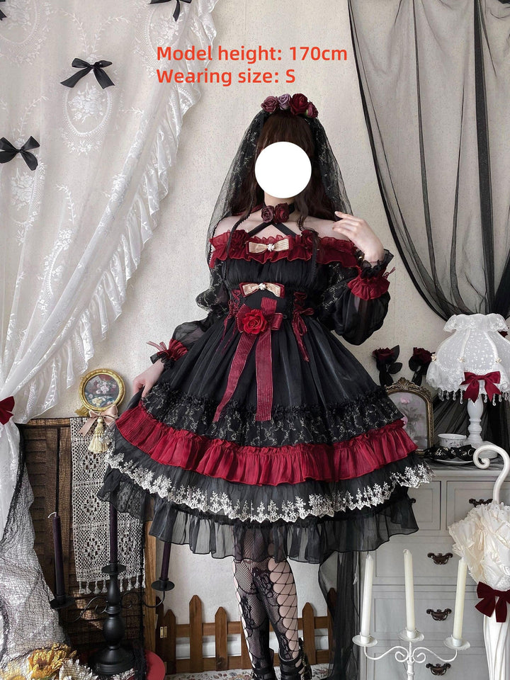 Uncle Wall Original~Night of Berea~Gothic Lolita OP Black and Red Lolita Dress