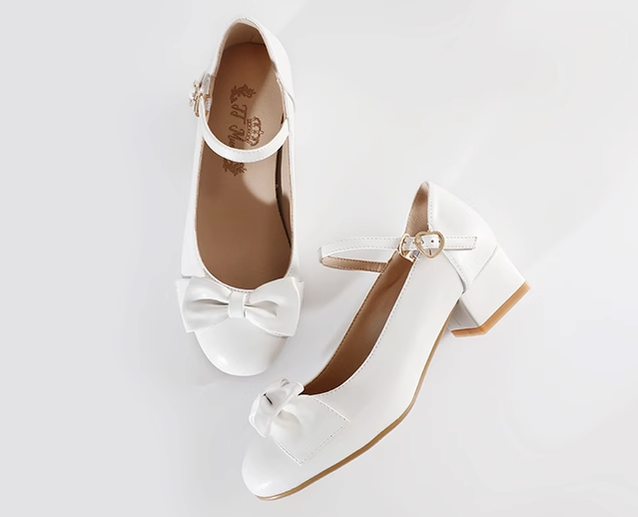 Mumu~Little Heart~Sweet Lolita Mid-Heeled Bows Shoes Multicolors 34 white 