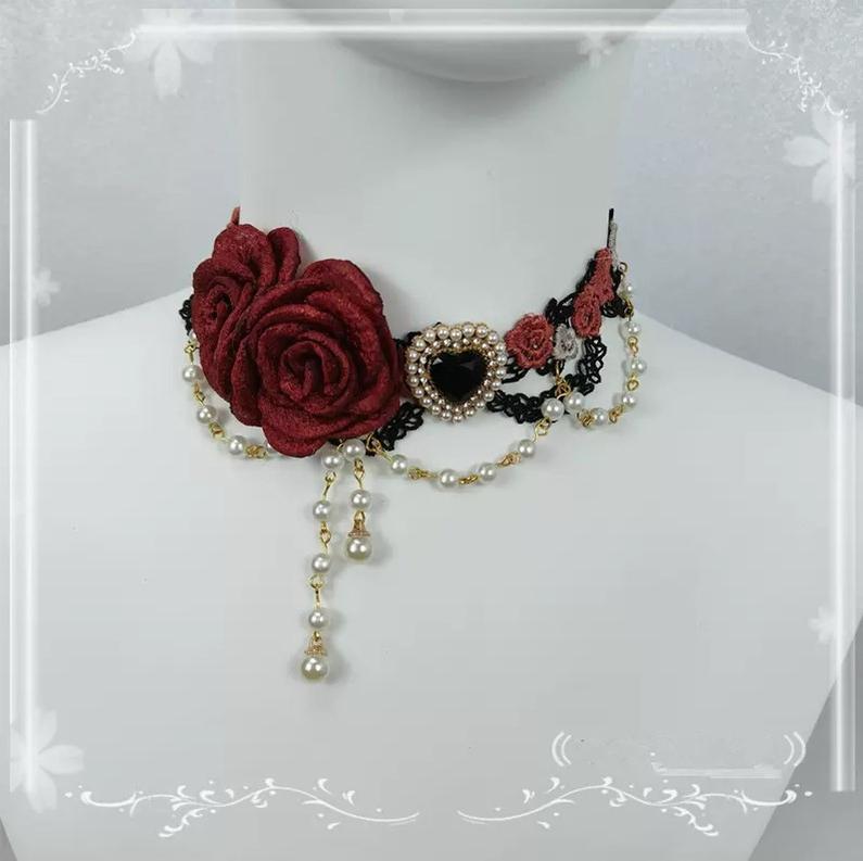 Cocoa Jam - Elegant Lolita Necklace Rose Gemstones and Pearl Necklace black burgundy