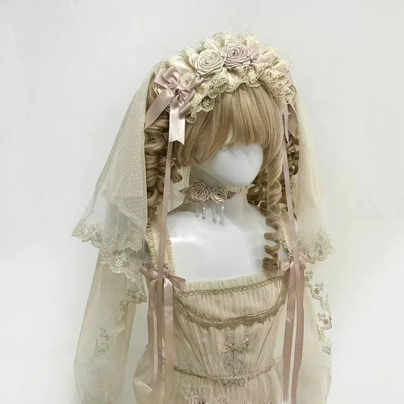 Champagne Classic Lolita Headdress and Choker, Floral Accent 45259:854864