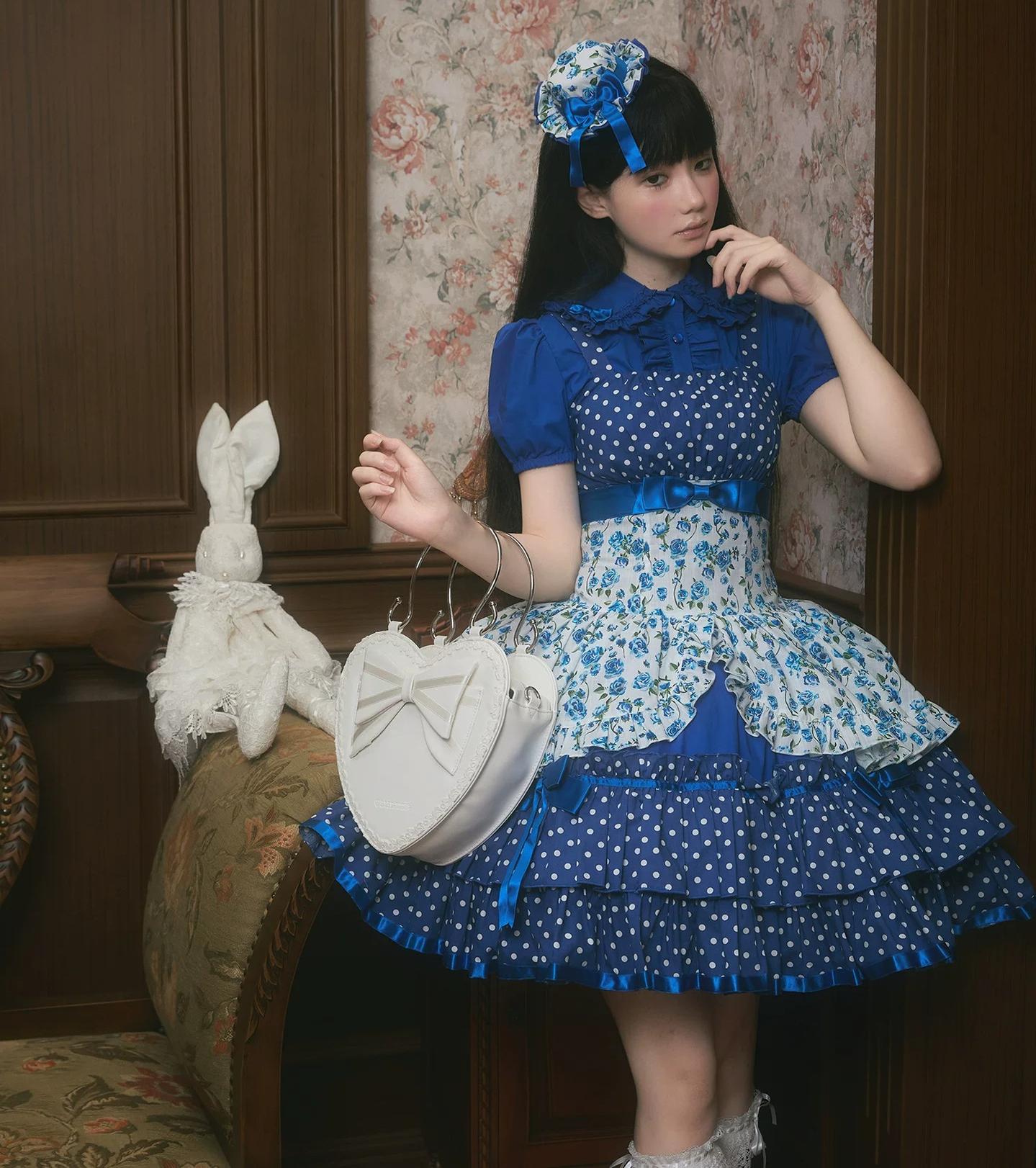 Libobo - Cotton Old School Lolita JSK Dress, Polka Dot & Floral Print 45878:866111