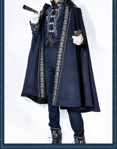 (BFM)ZJstory~Ouji Lolita Embroidery Set Court Style Skirt and Pants S Dark Blue Cloak only 