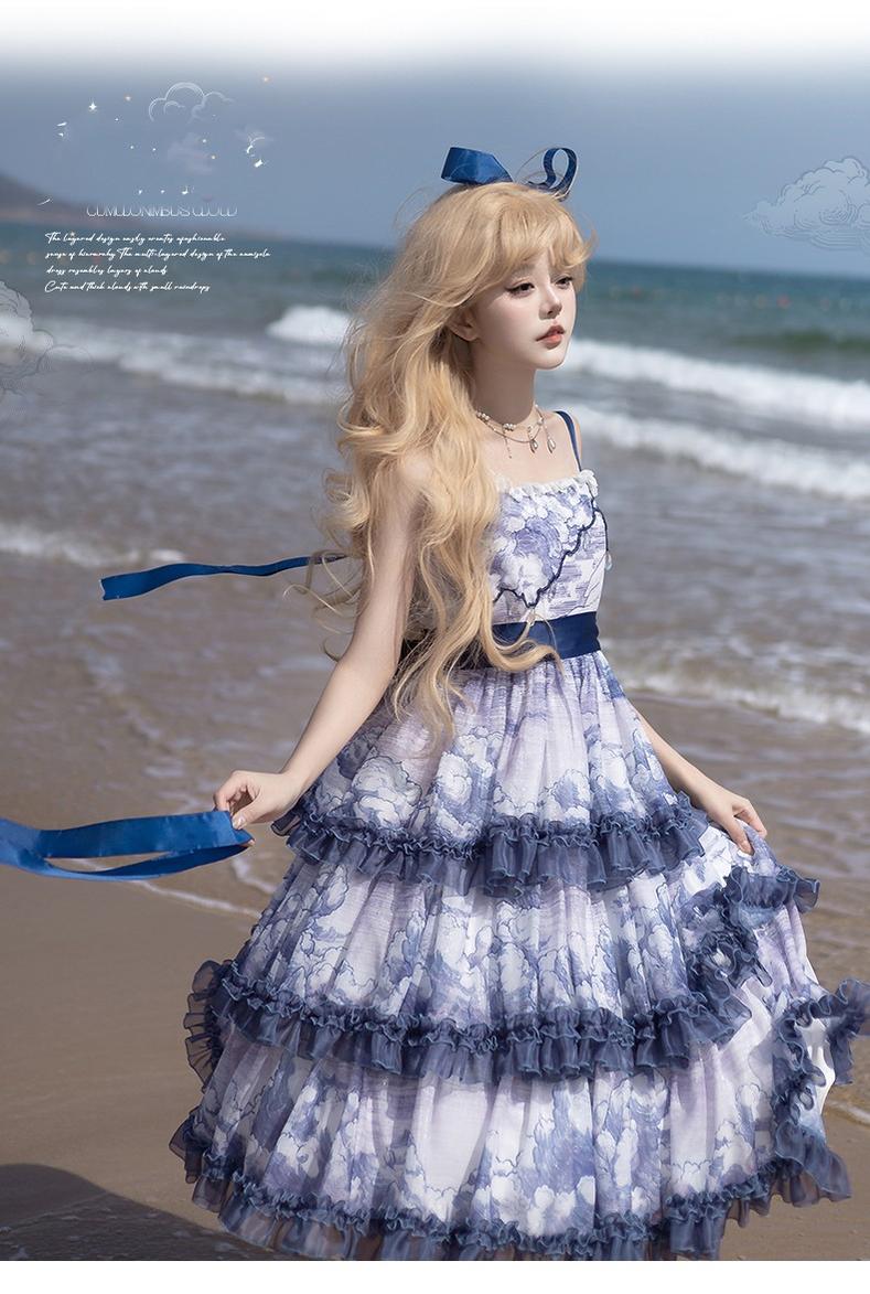 Urtto~Rain Cloud~Elegant Lolita JSK Cloud Printing Chiffon Summer Dress   