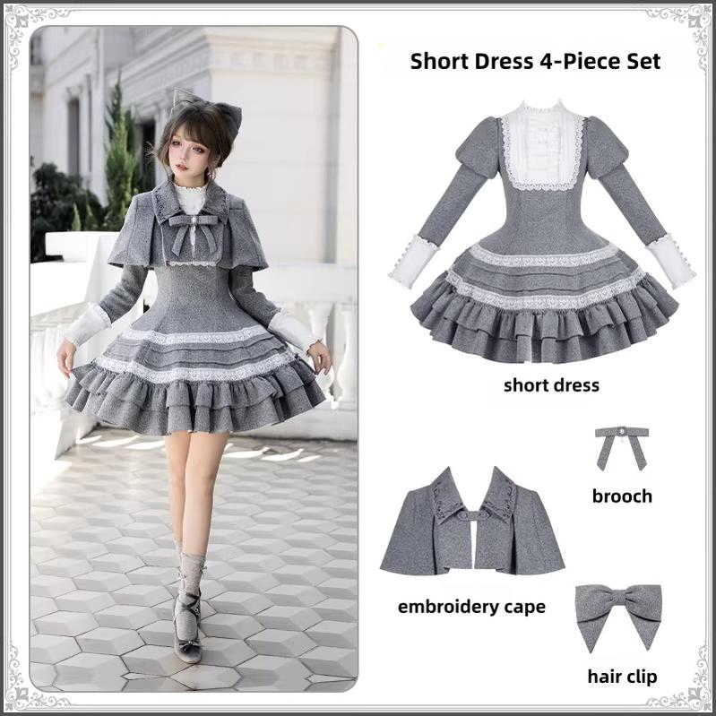 Reminisce - Pile Classic Lolita Dress, Detachable Cape (L M S) 44439:808567