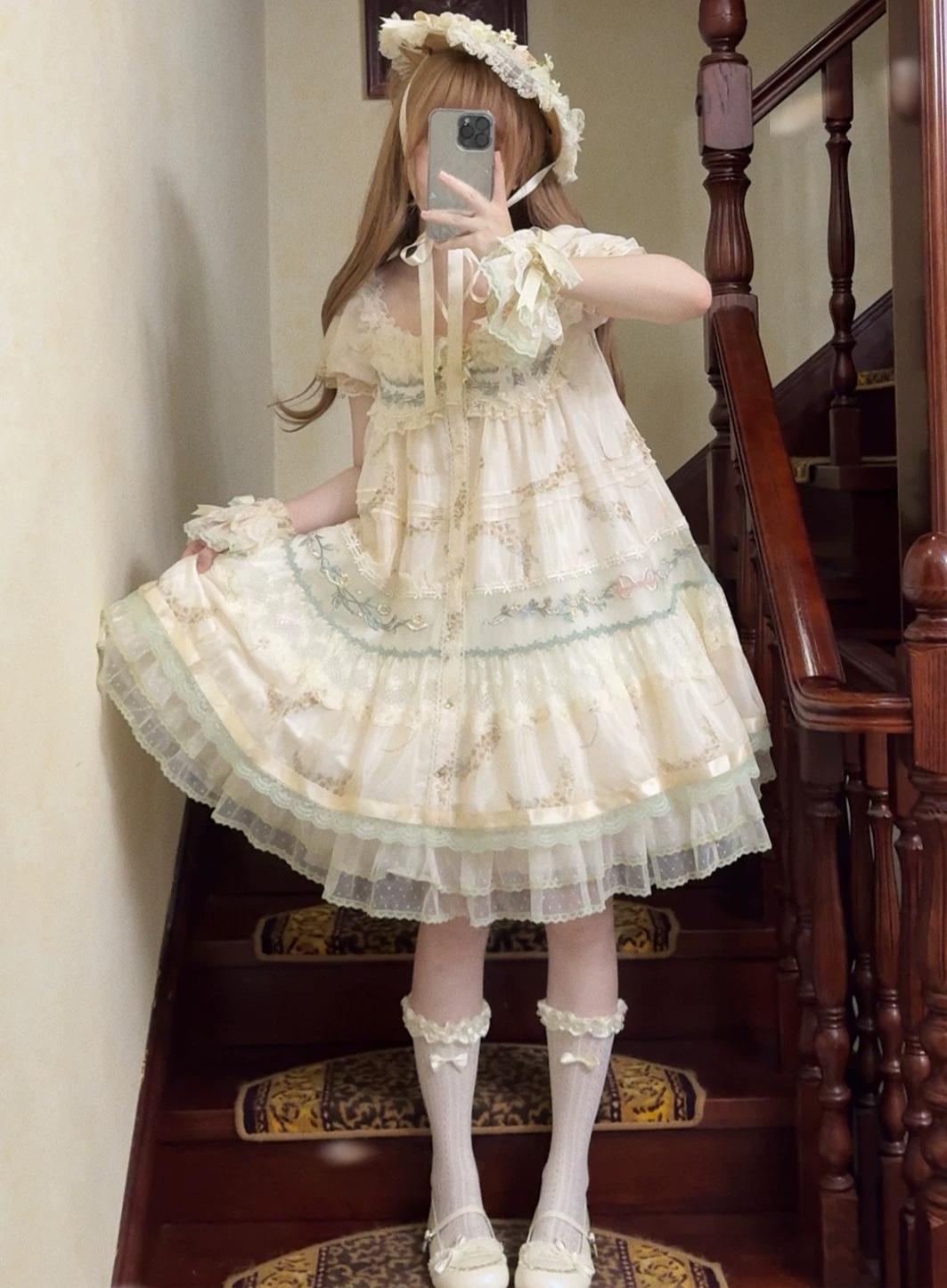 Daisy Poetry - Classic Lolita Lace JSK & OP Dress, Daisy Print and Embroidery 45825:864056