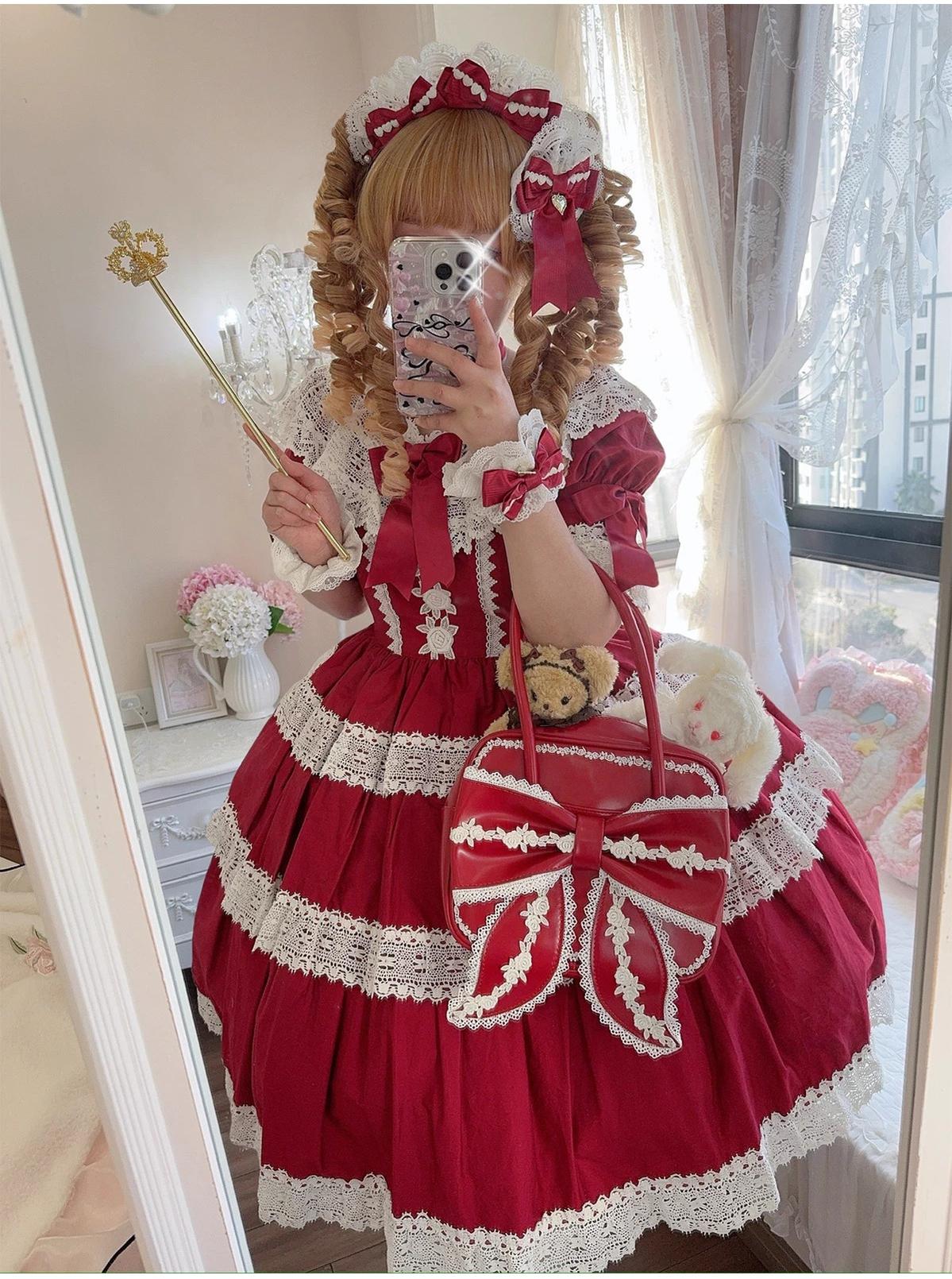 Sheep Puff - Old School Lolita Bag, Ear-Like Bow & Floral Lace