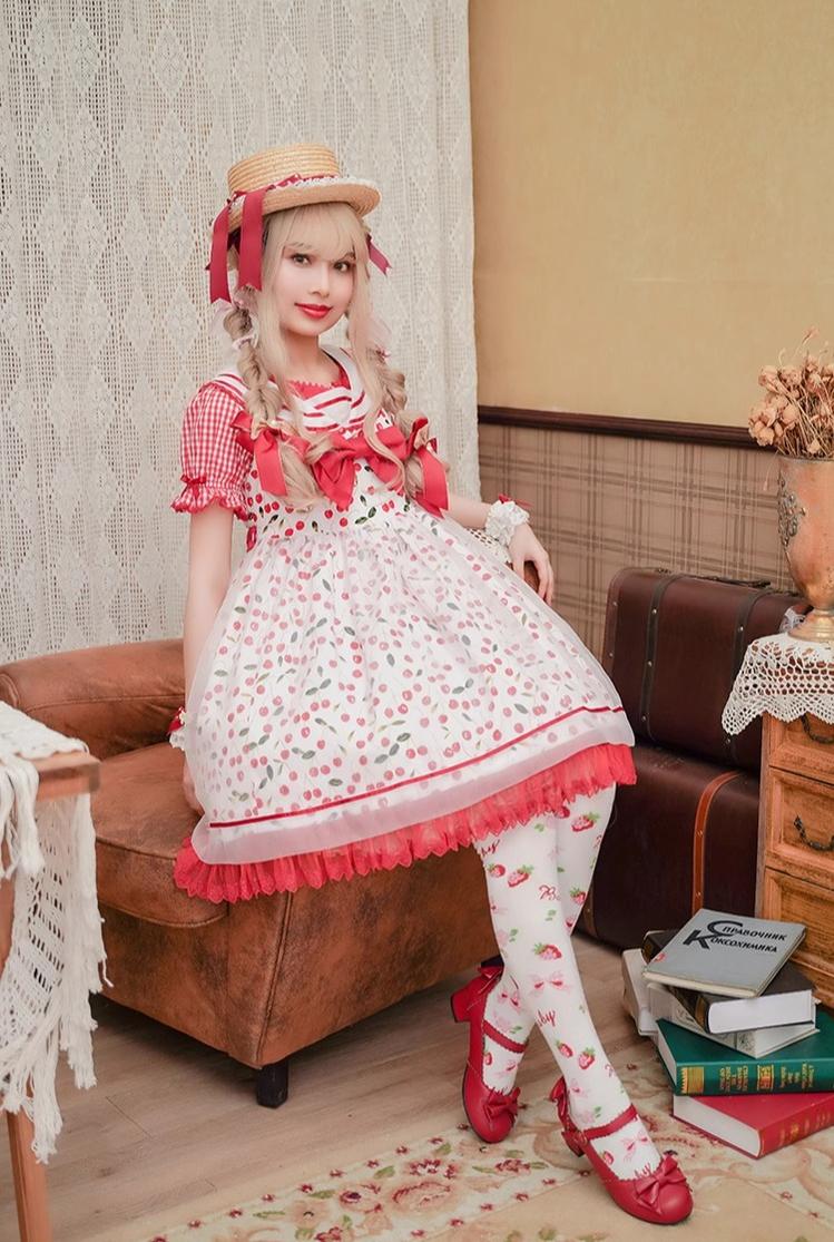 Chess Story~Ice Cherry~Sweet Lolita JSK Plaid Shirt Cherry Print Dress Set   
