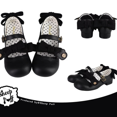 Sheep Puff~Bear Room~Sweet Lolita Shoes Double Bow Round Toe Flat Shoes black 34 