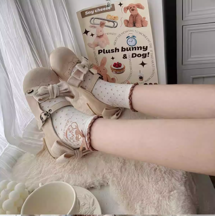 Sheep Puff~Bear Room~Sweet Lolita Shoes Double Bow Round Toe Flat Shoes   