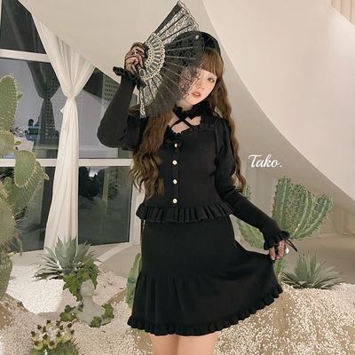 (BFM)WhitalAlley~Three Lines of Love Letters~Elegant Lolita Knitted Top and Skirt Set S black skirt 