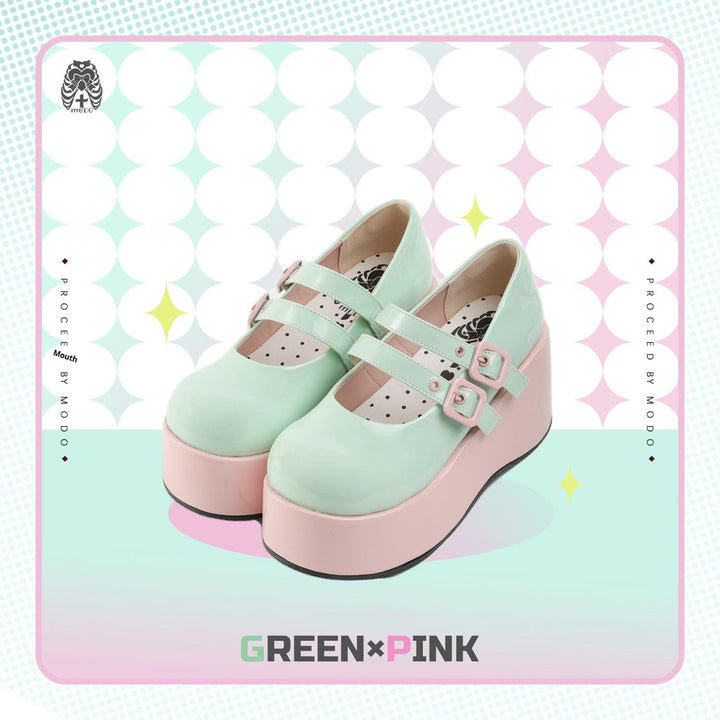 MODO~Sweet Lolita Platform Shoes Multiple Colors Elevated Shoes 34 Pink X Green