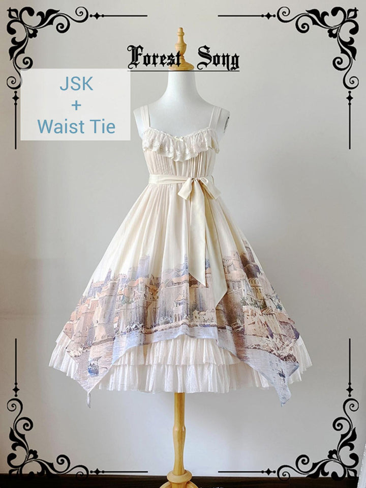 Forest Song - Adriatic - Classic Lolita JSK Chiffon Dress, Gulf City Print JSK + Waist Tie / Free Size