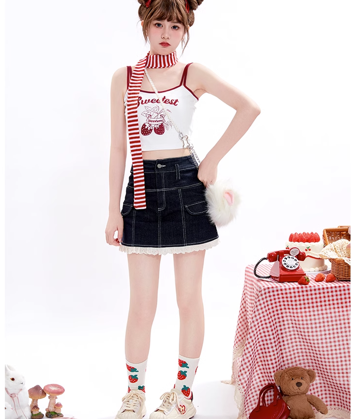 Tan Tuan~Sweet Lolita Lace Hemline Denim Skirt   