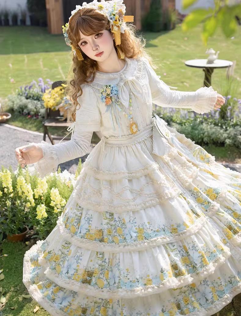 Flower Rabbit Bear - Country Lolita Tiered Skirt Dress, Floral & Bear Print