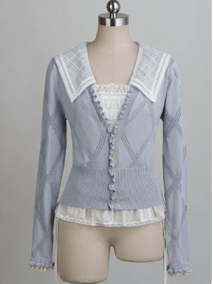 JS Lolita~Paris Holiday~Elegant Lolita Coat Knit Cardigan Grey Blue Knitted Cardigan S 