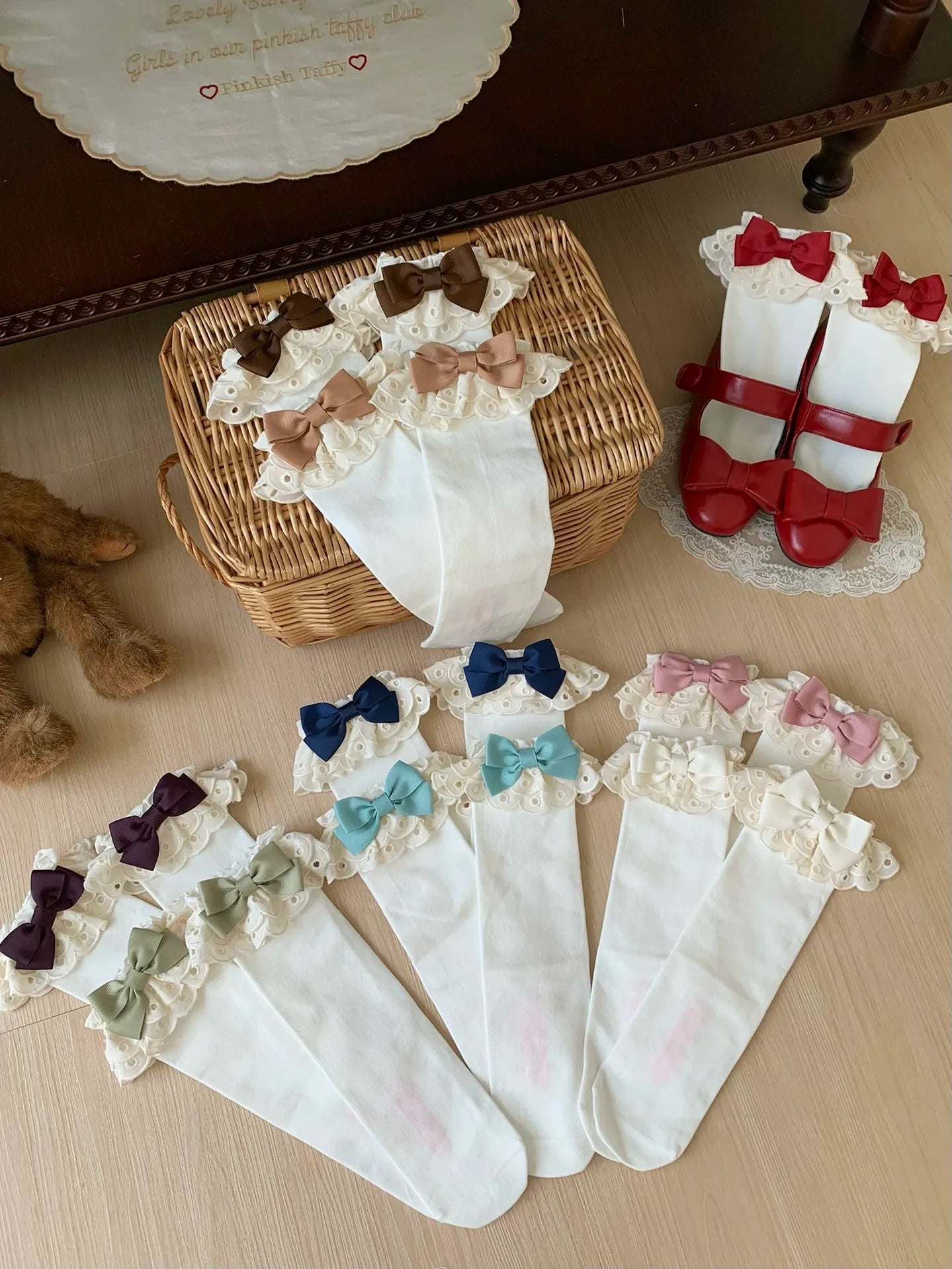 Cotton Classic Lolita Calf Socks, Double Layer Trim & Bow 45730:859940