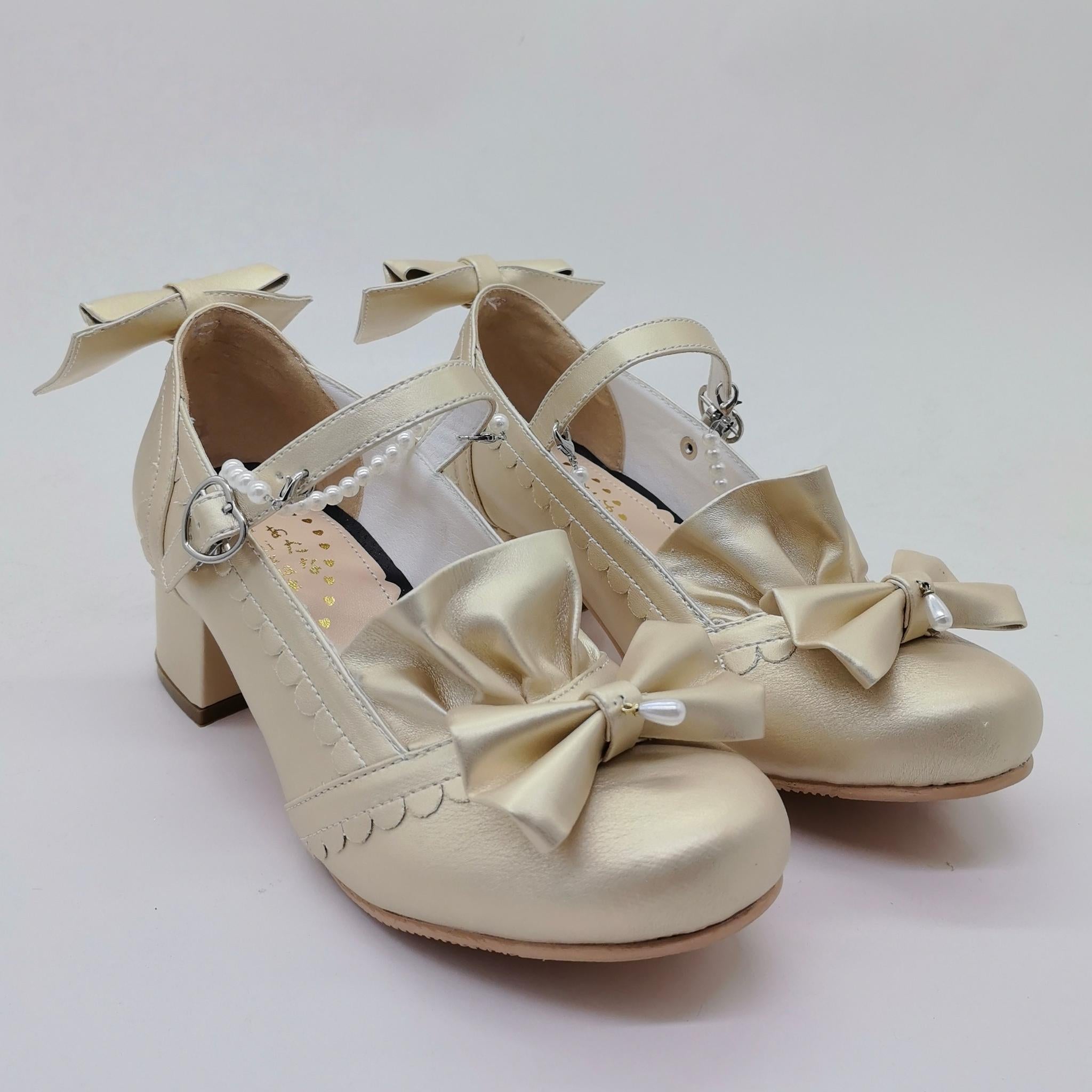 Custom Color Lolita Heels Shoes, Detachable Pearl Chain