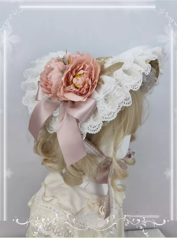 Cocoa Jam~Country Lolita Bonnet Lace Flower Flat Cap Multicolors Customized smoky pink 36112:524728