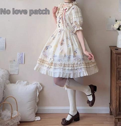 Uncle Wall Original~Bay Rabbit's Tale~Sweet Lolita OP Dress Floral Print S Short OP (without heart patch) 
