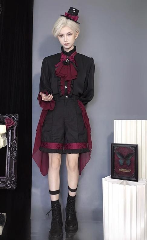 (BFM)CastleToo~Evil Twins~Ouji Lolita Vest Shorts Skirt Black Red Set Free size Pants + trailing 