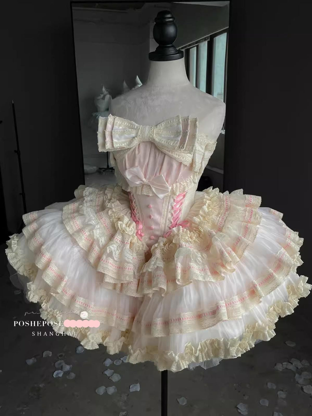 POSHEPOSE~Limited Gratitude Collection~Sweet Lolita Dress High-end Tiered Skirt Dress XS Pink Satin Ballet (Light Pink) 