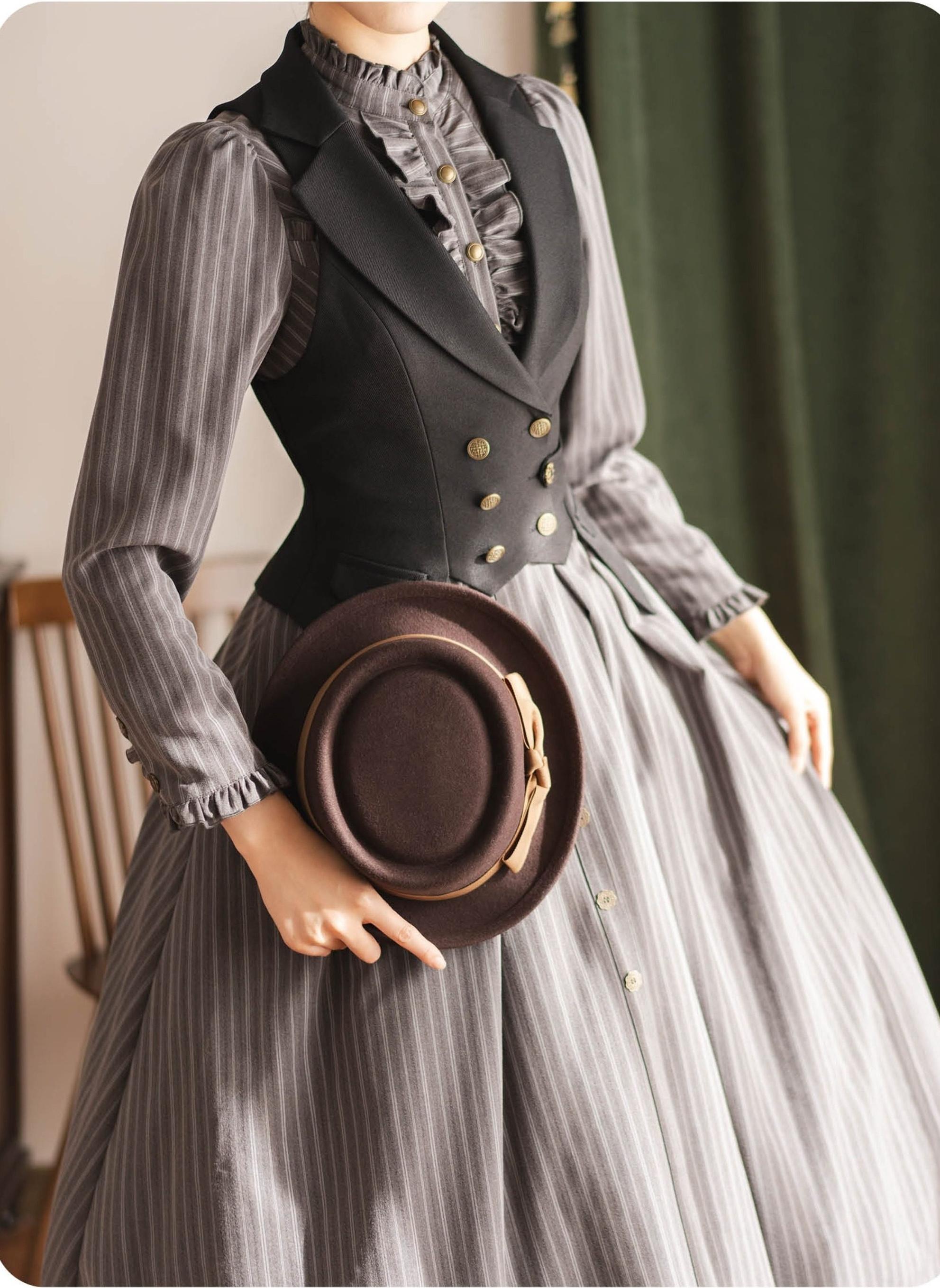 Forest Castle - Classic Lolita Long Striped Dress, Irregular Hem Vest 44441:809846