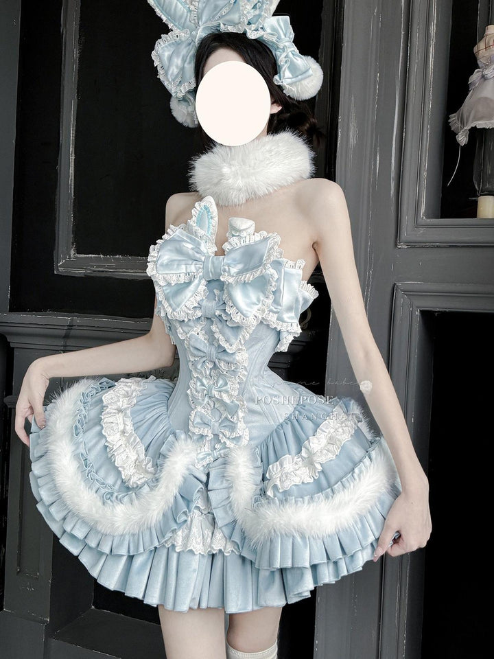 POSHEPOSE~Chuling Swan Lake~Sweet Lolita JSK Set Velvet Blue Dress for Prom