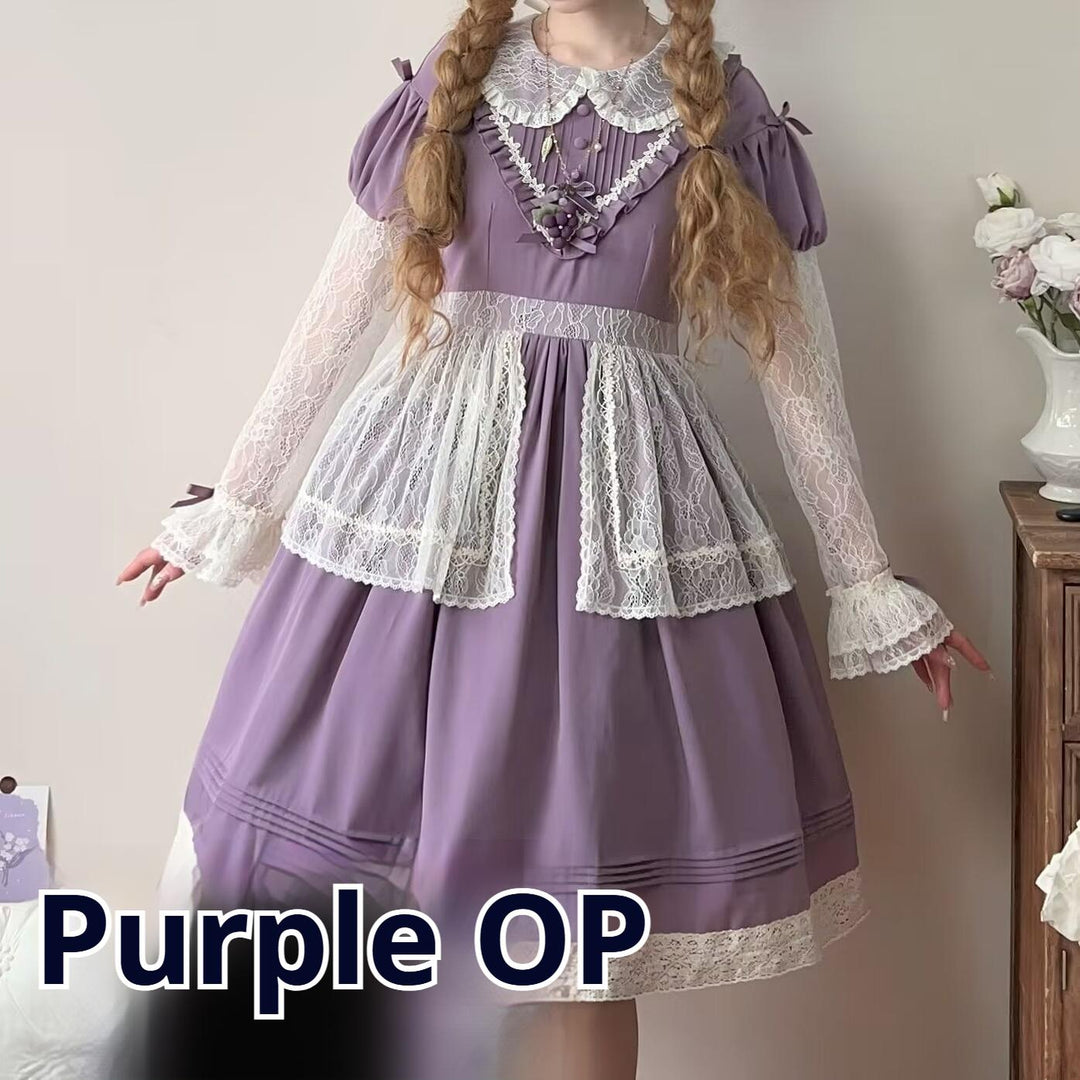 Uncle Wall Original~Mist among Flowers~Sweet Lolita OP Ruffles Lolita Apron and KC Purple OP Only S