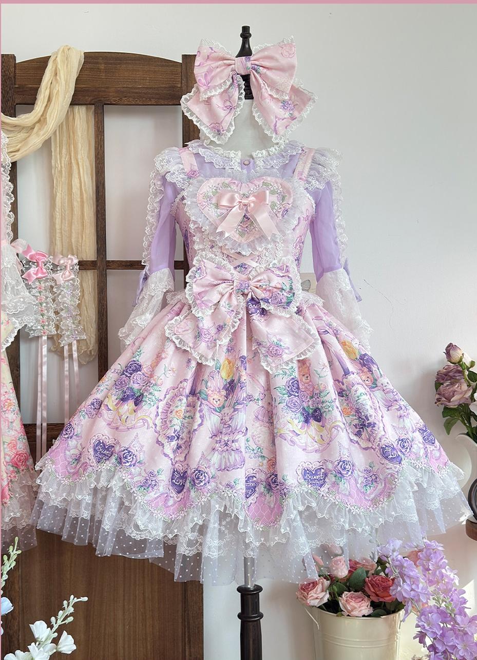 Valentine Bouquet - Old School Lolita Bouquet Printed JSK Dress with Bows (L M S XL) 45553:852639