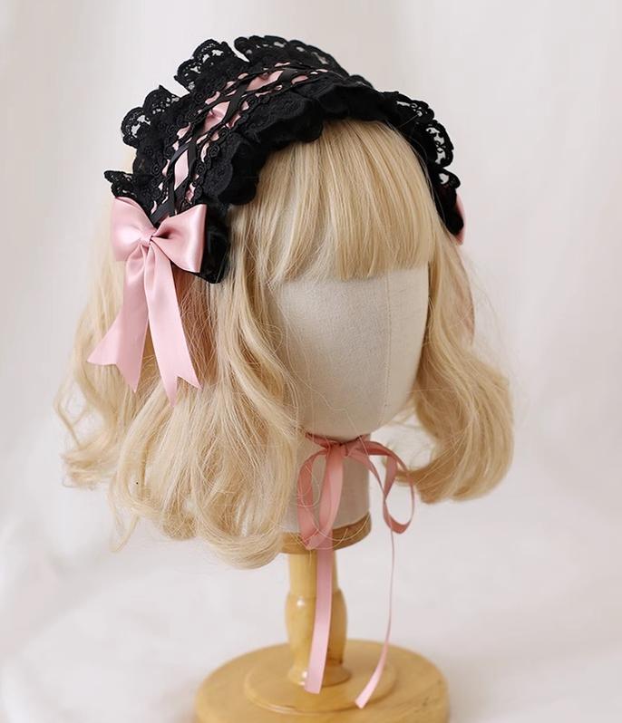 Xiaogui~Gothic Lolita Headband Cat Ear Hairpin Korean pink with black lace hair band  