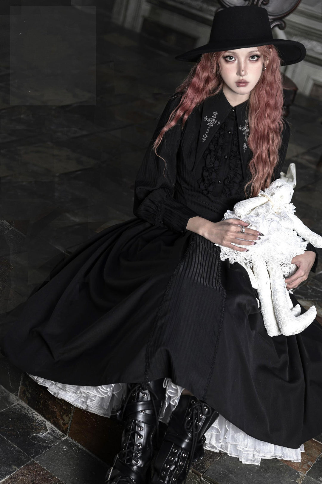 Lilizi~Redemption Song~Gothic Lolita OP Dress Cross Embroidery Tiered Hem   