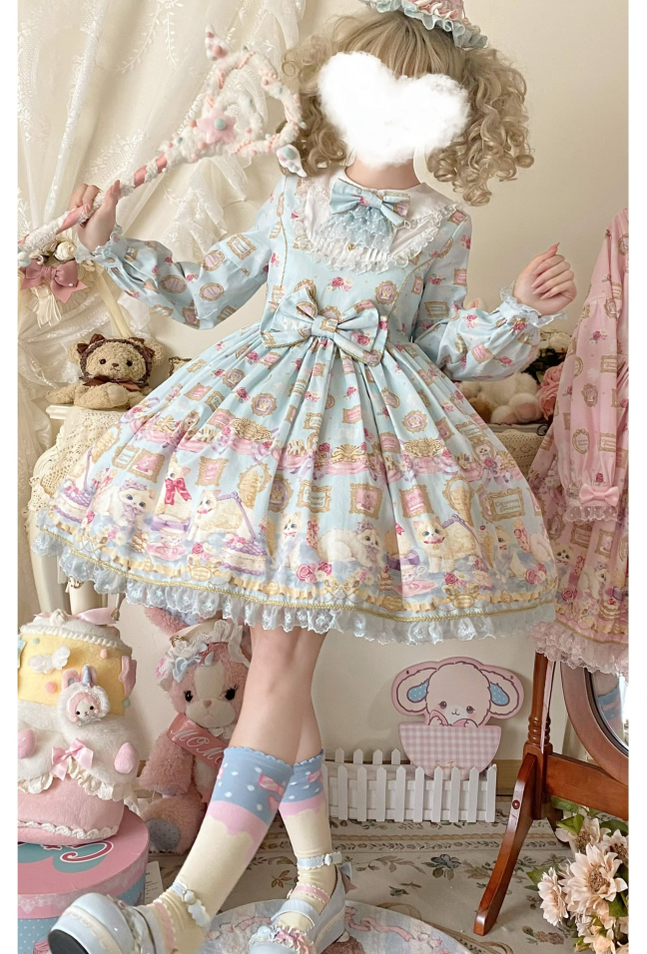 Discovering Treasures - Picture Frame Cat - Kawaii Lolita Dress Suit Cat Print JSK and OP 42605:747082