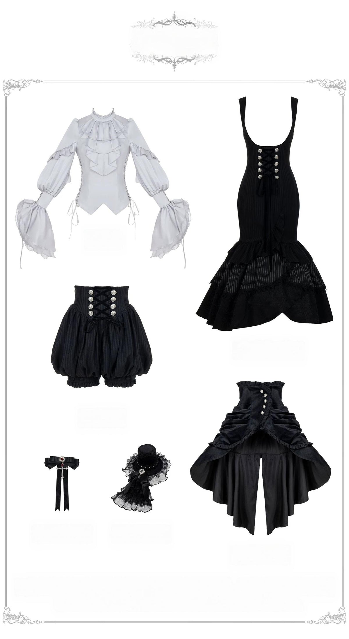 Night Crow - Elegant Gothic Lolita Blouse or Skirt Set, Irregular Hem Mermaid Skirt + Blouse + Collar Bow+ Top Hat (in stock) S