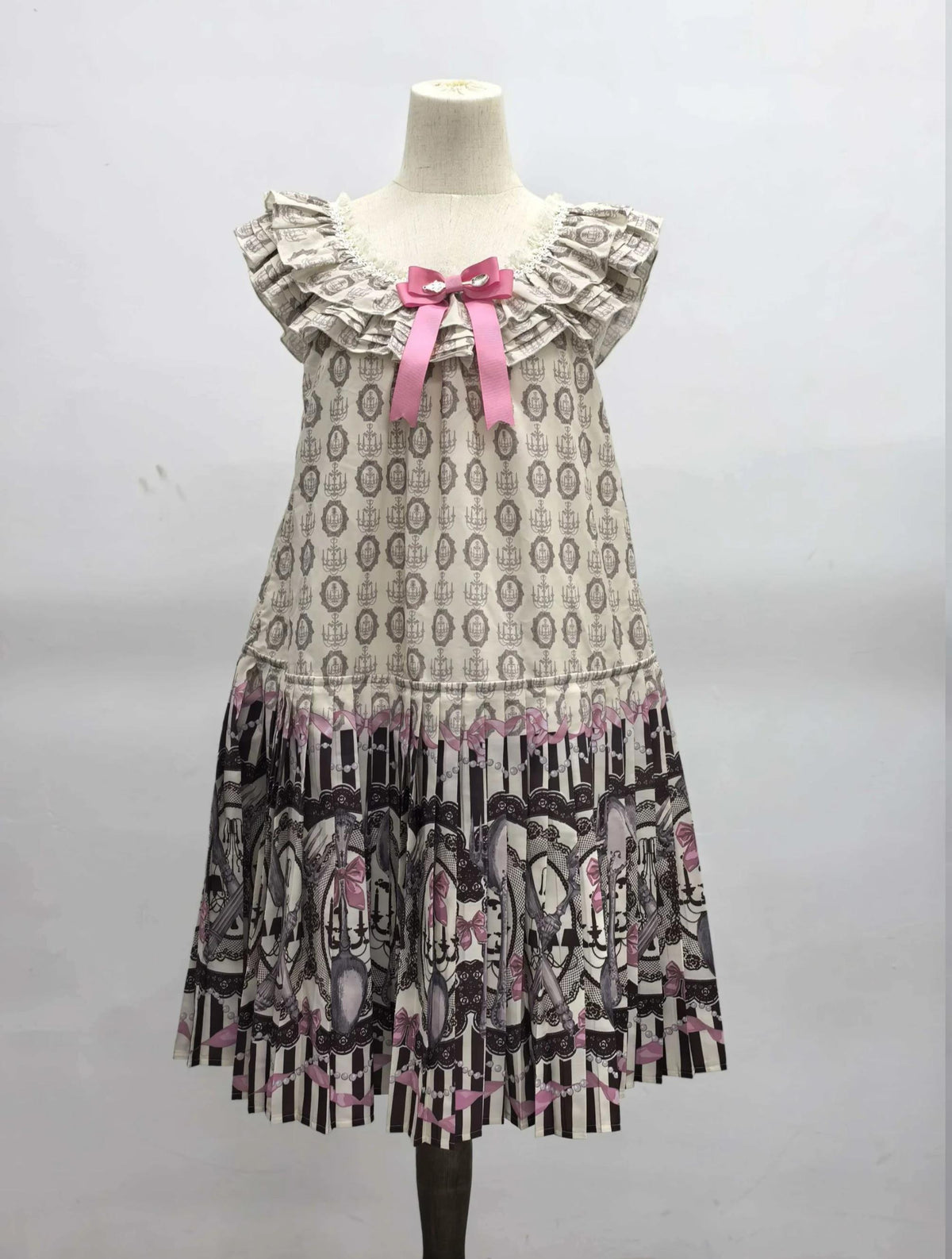 Clara Table - Dark Sweet Lolita SK & JSK Dress Set, Candelabra Tableware Print (White / Pink / 2XL L M S XL) 45979:870394