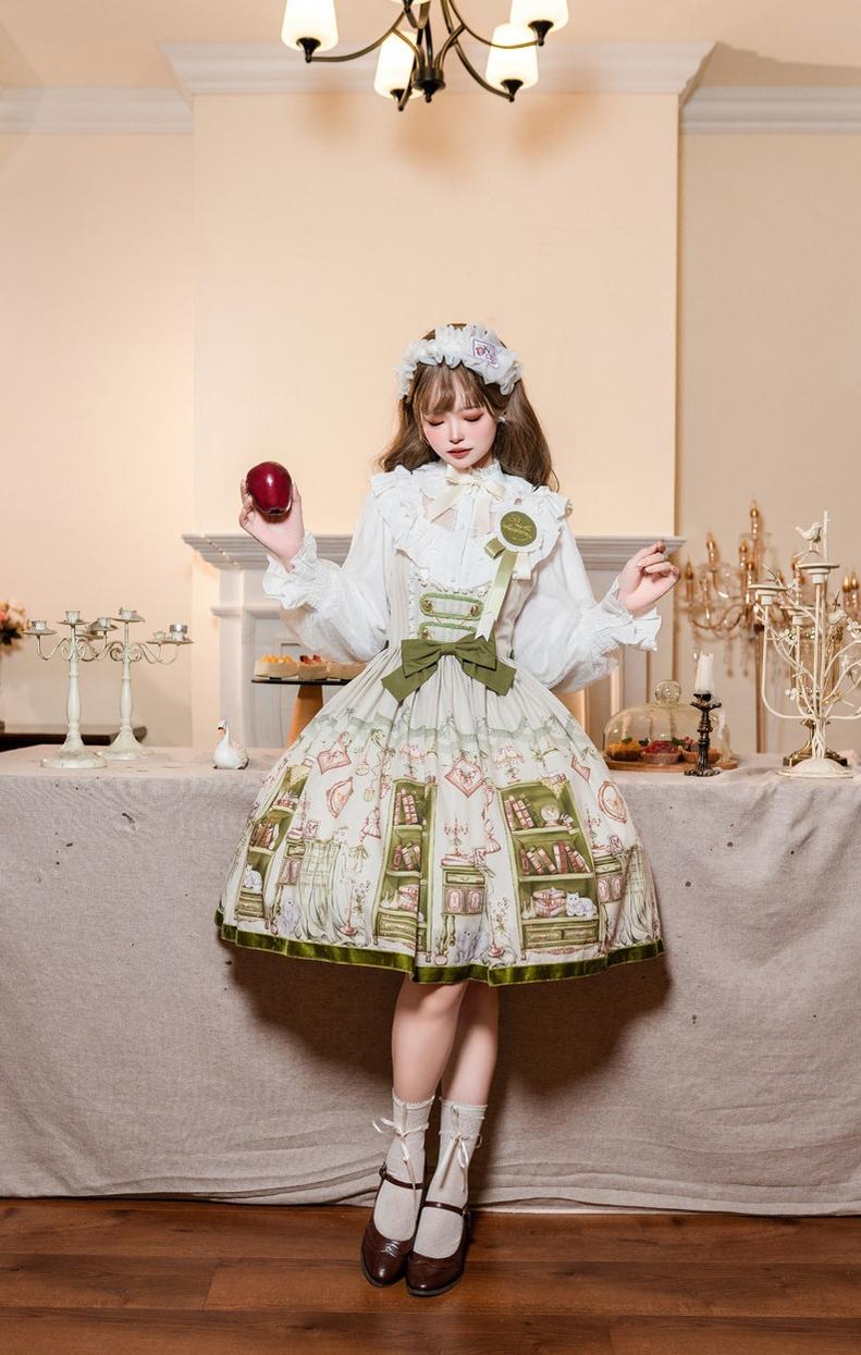 Aurora's Bookroom - Classic Lolita Bust-support JSK Dress with Bookstore Print