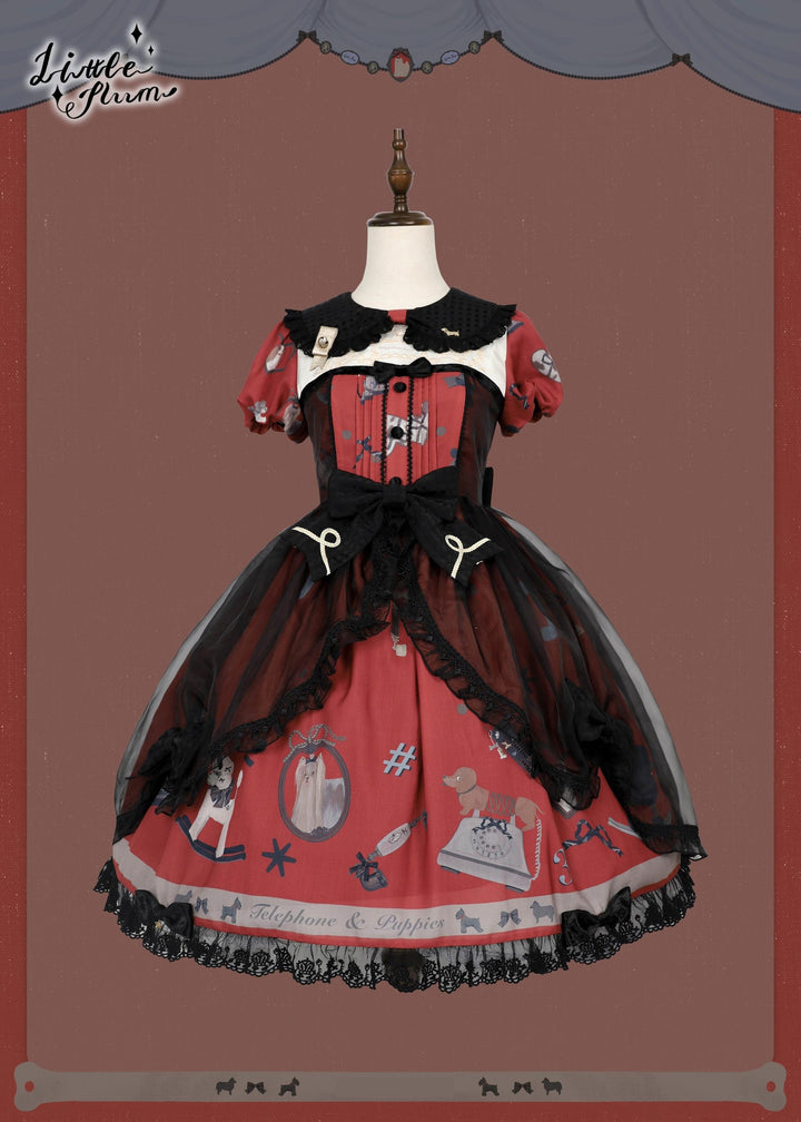 LittlePlum~Telephone Dog~Black Red Classic Lolita Dress Set with OP JSK and Skirt (F L M S) 42068:725552