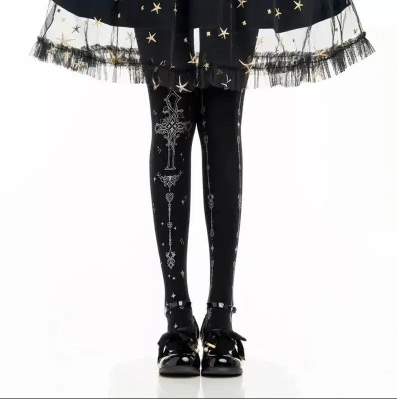 Thorn Cross - Halloween Gothic Lolita Pantyhose, Cross & Heart Chain Print (Black) 45946:869185