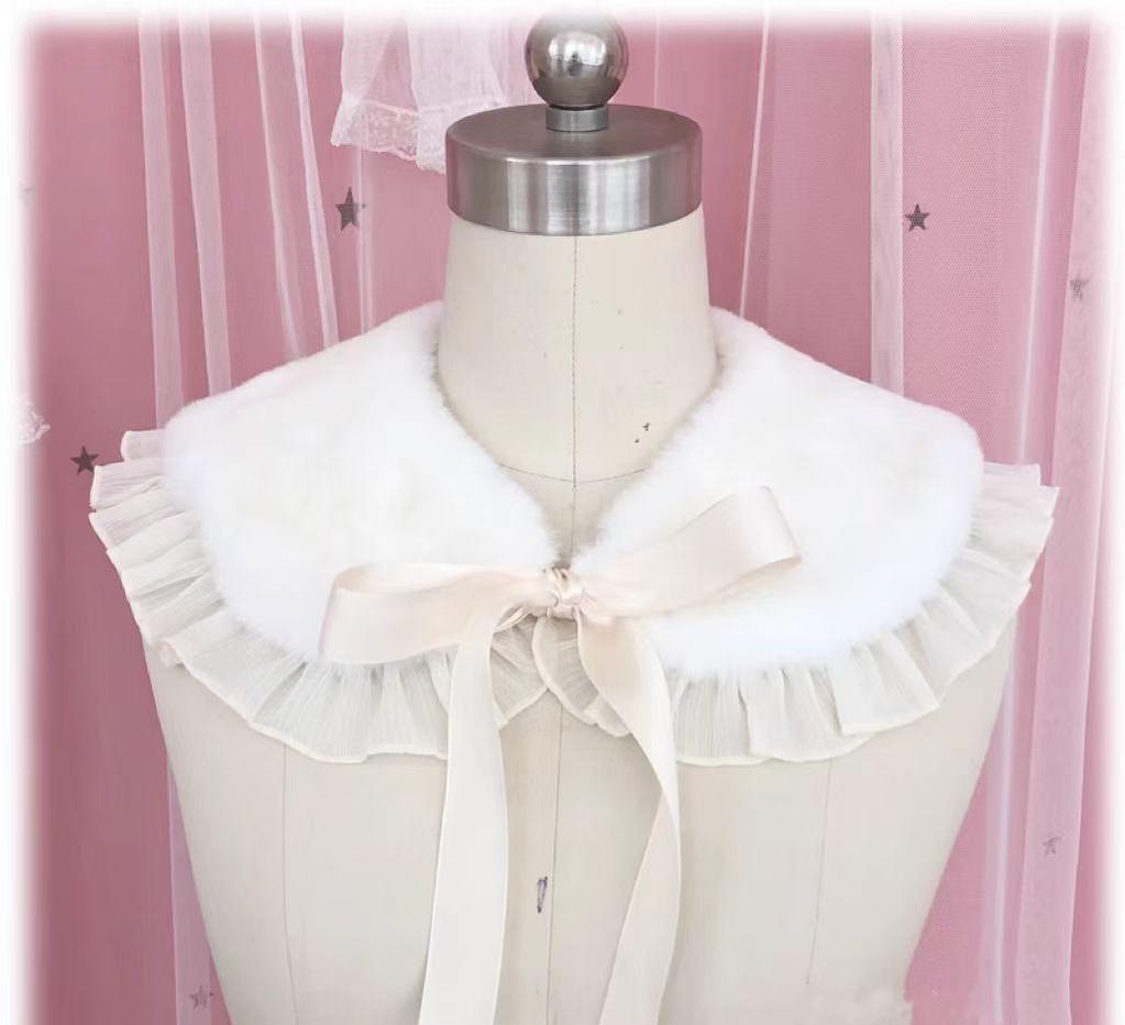 Candy Sweet - Winter Lolita False Collar Plush Bow Collar Scarf Goose Yellow Lotus Leaf Edge