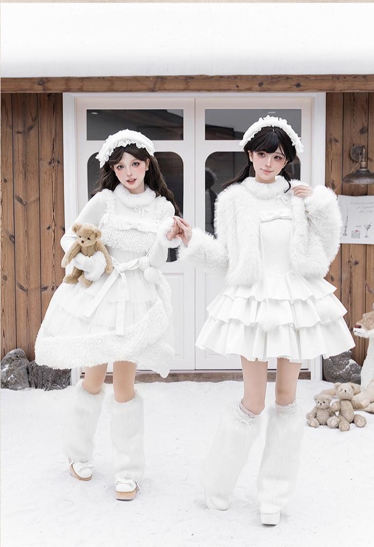 With PUJI - White Choco - Winter Kawaii Lolita JSK Dress Set, Fluffy Accents 44246:801133