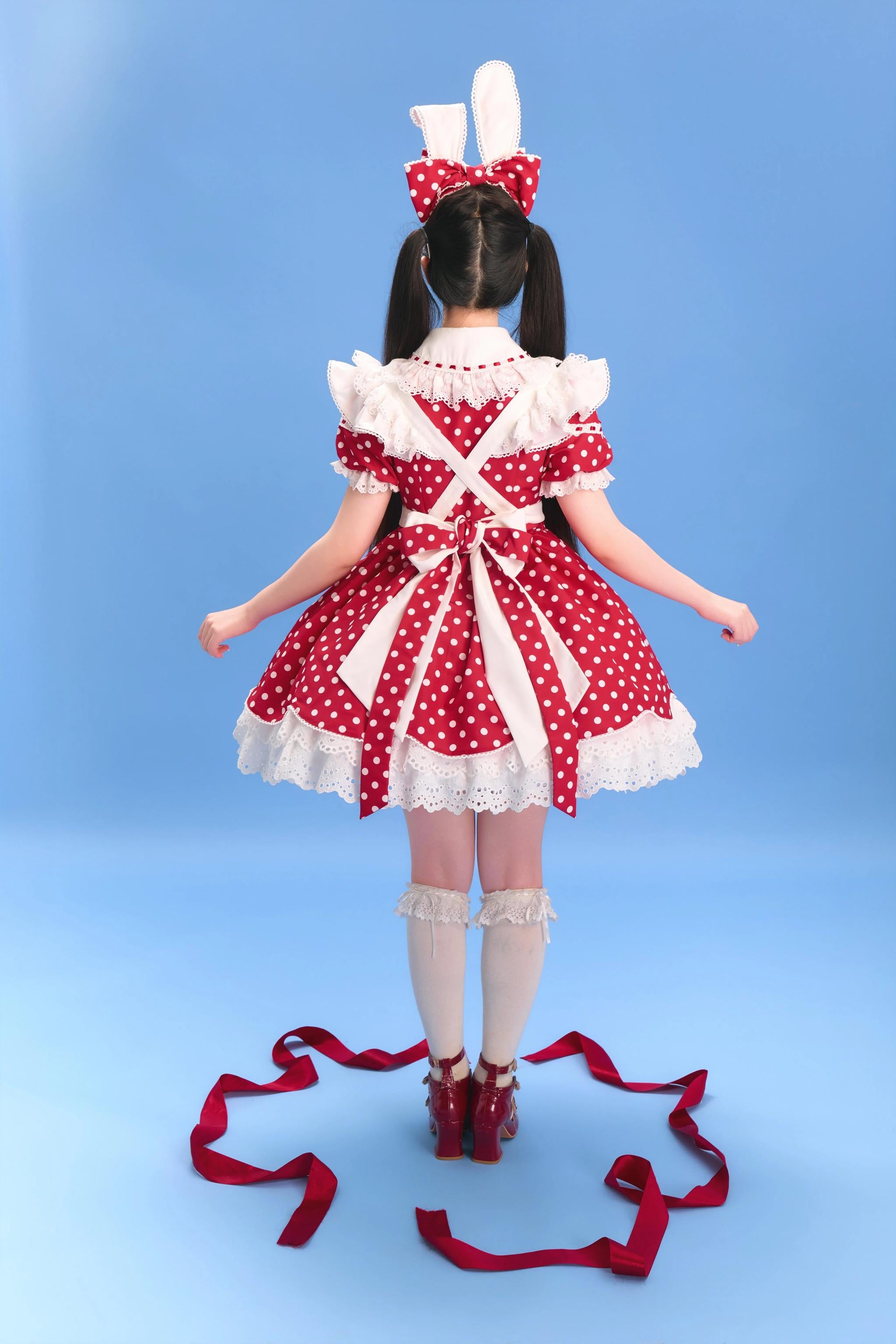 Bunny Kissaten - Four Colors Old School Lolita Polka Dot OP, Bunny Ear Apron 45824:864352