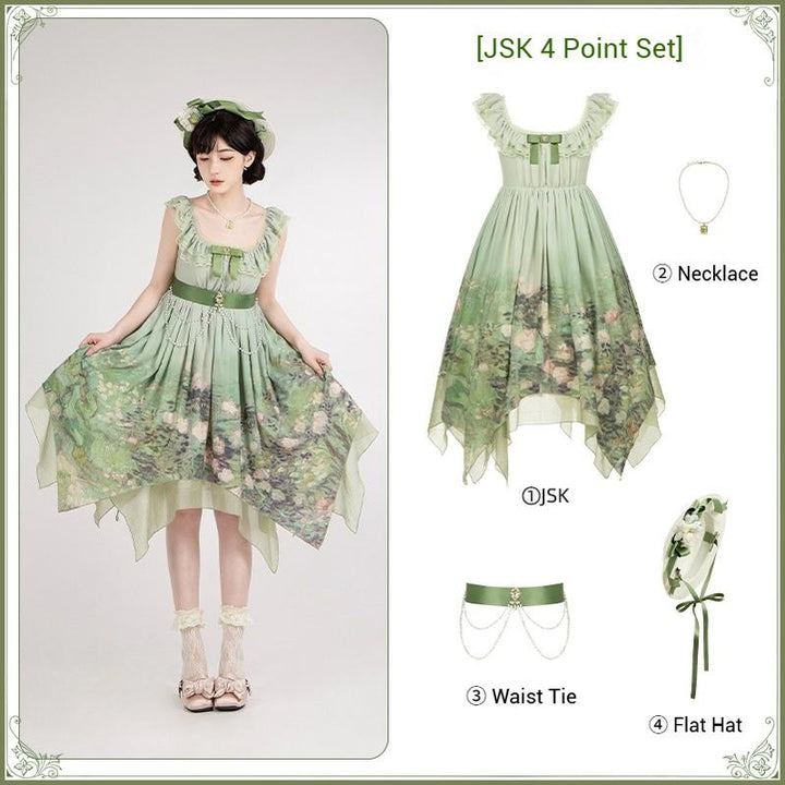 With PUJI~Blooming Rose~Chiffon Classic Lolita Dress Set Painting Styled OP & JSK (L M S) 42925:758719