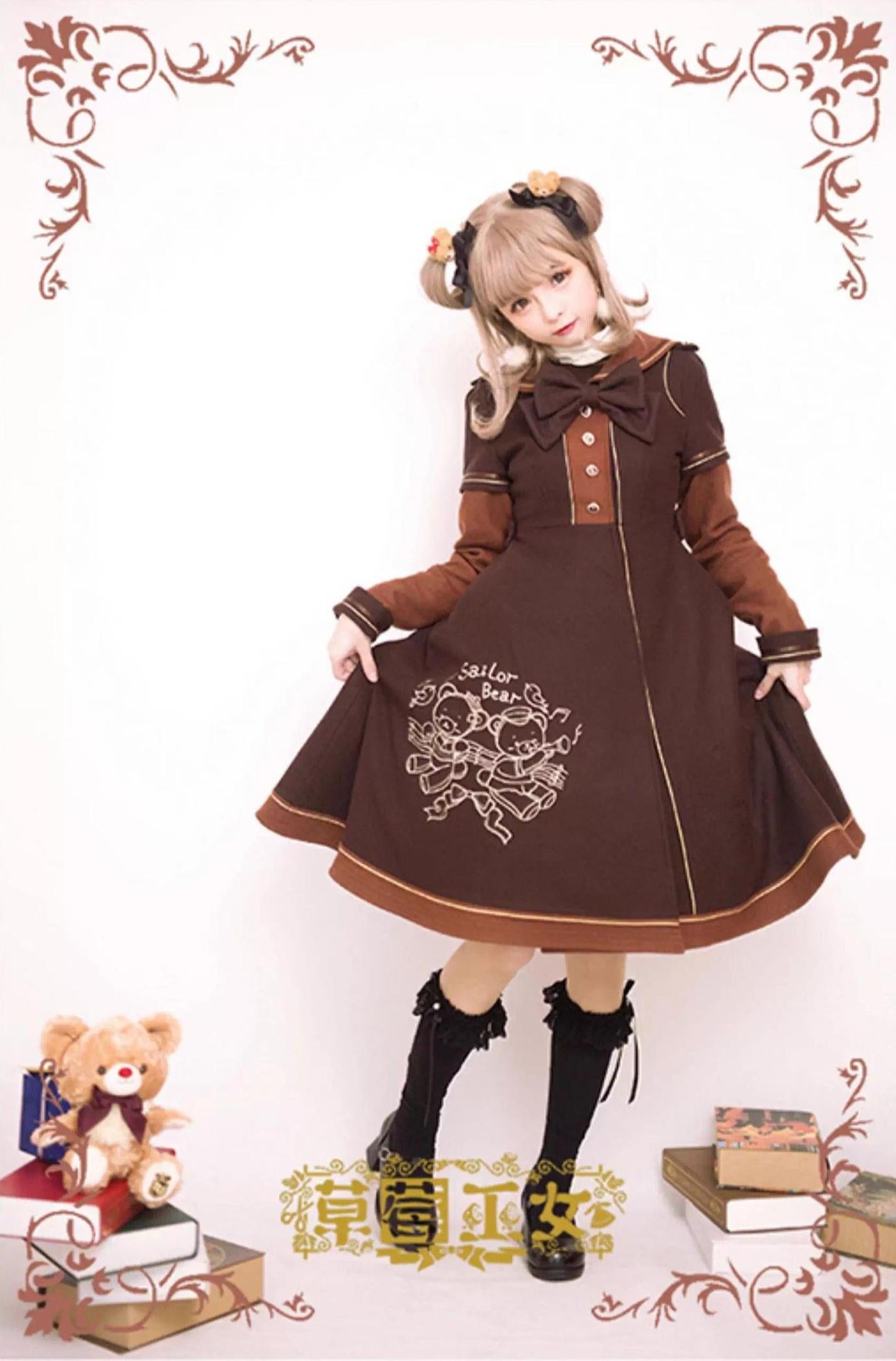 Strawberry Witch - Winter Kawaii Lolita Sailor Collar Overcoat, Bear Embroidery 44184:798008