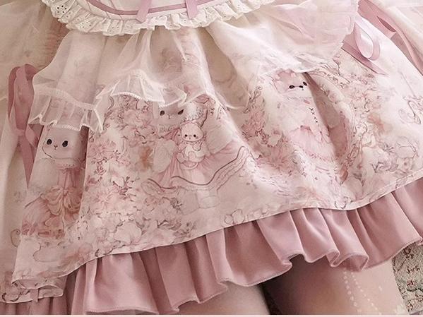 Half Sweet Lolita~Doll Garden~Sweet Lolita JSK Dress Cat Print Pink Dress Set 34862:468328