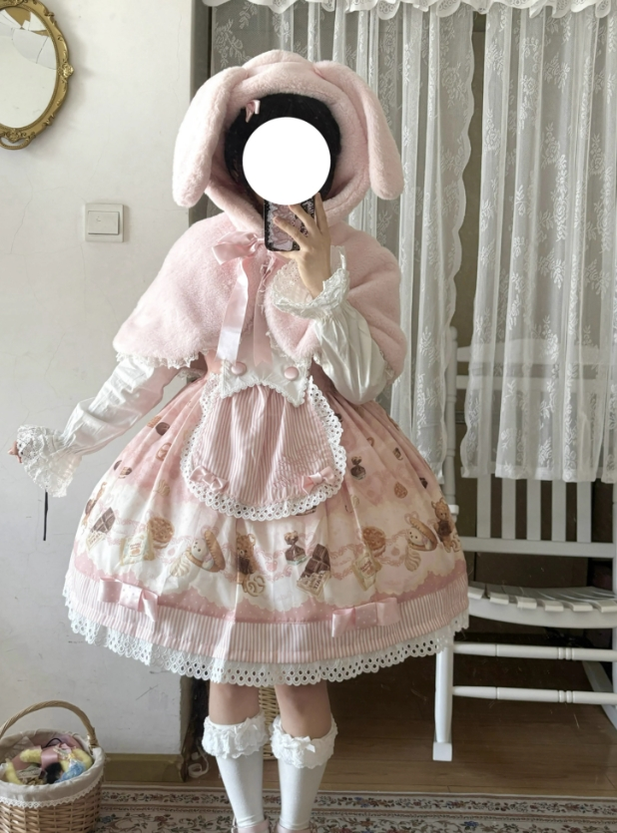 The Seventh Doll~Old School Lolita Cape Bunny Plush Short Coat M Pink with a hood