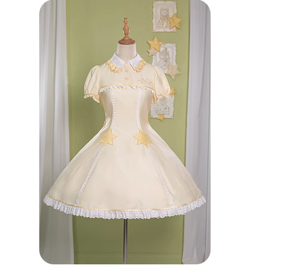 Summer Fairy~Sakura Collab Series~Yellow Lolita OP Dress Star Print   