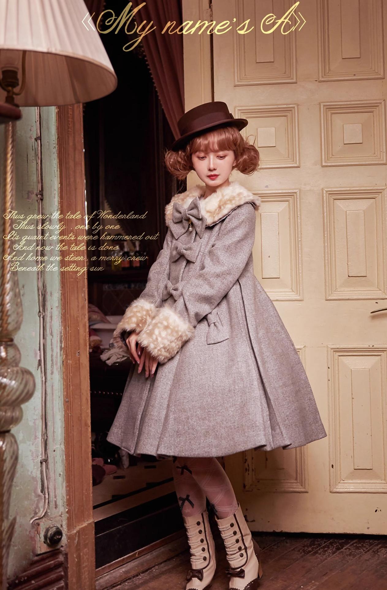 Unideer~Winter Lolita Coat Wool Bow Overcoat S Milk Sesame Gray 