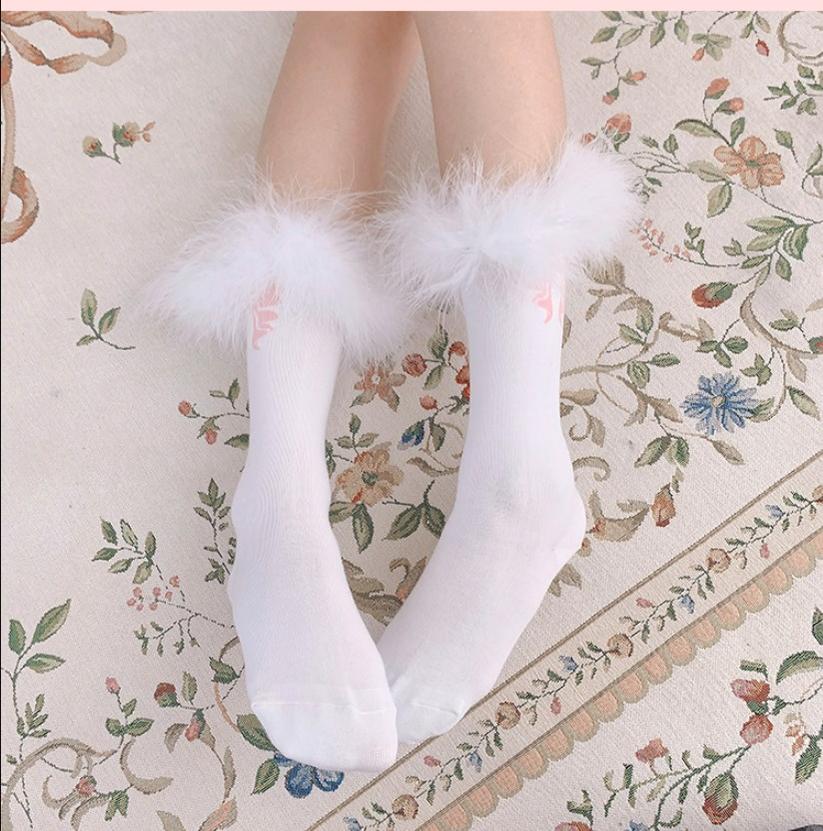 White Tea Dream~Cotton Lolita Calf Socks Knit Pink Bow Turkey Feather Socks   