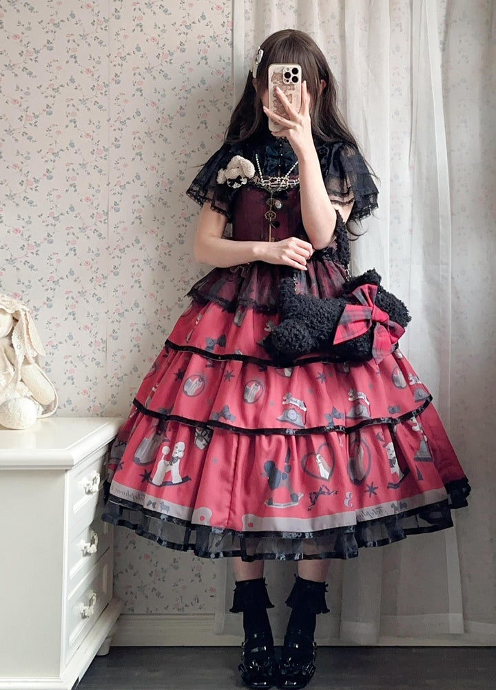 LittlePlum~Telephone Dog~Black Red Classic Lolita Dress Set with OP JSK and Skirt