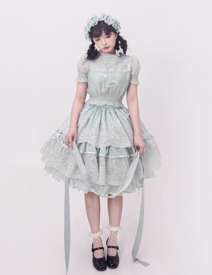 ZJstory~Sonnet Summer~Sweet Lolita Dress Set Embroidery Shirt Tiered Jumper Dress